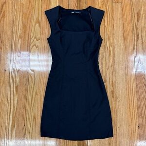 Zara Black Square Neck Side Zip Padded Shoulder Mini Dress